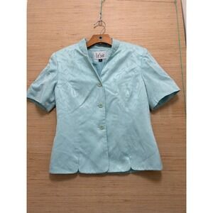 Le Suit Womens 6 Aqua Blue Jacquard Floral Short Sleeve Blazer Jacket Mandarin